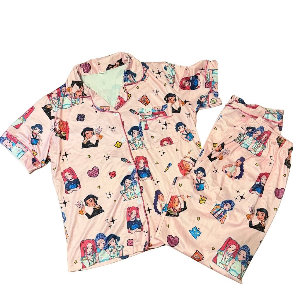 K-Pop Demon Hunters Pajama Set Adult Medium Pink Anime Sleepwear - Picture 3 of 7